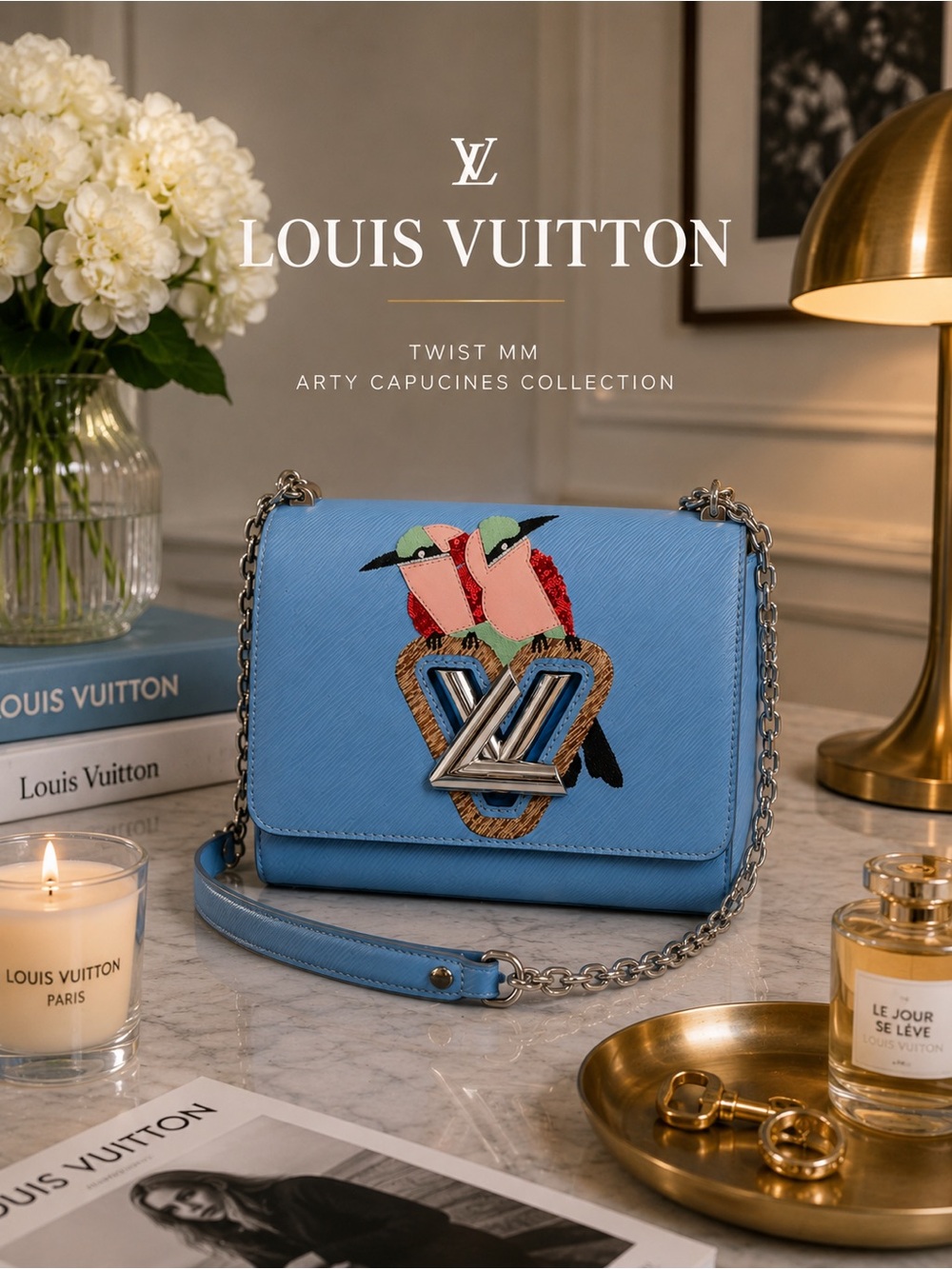 Authentic Louis Vuitton Twist MM Blue Epi Leather Limited Edition Bird Crossbody